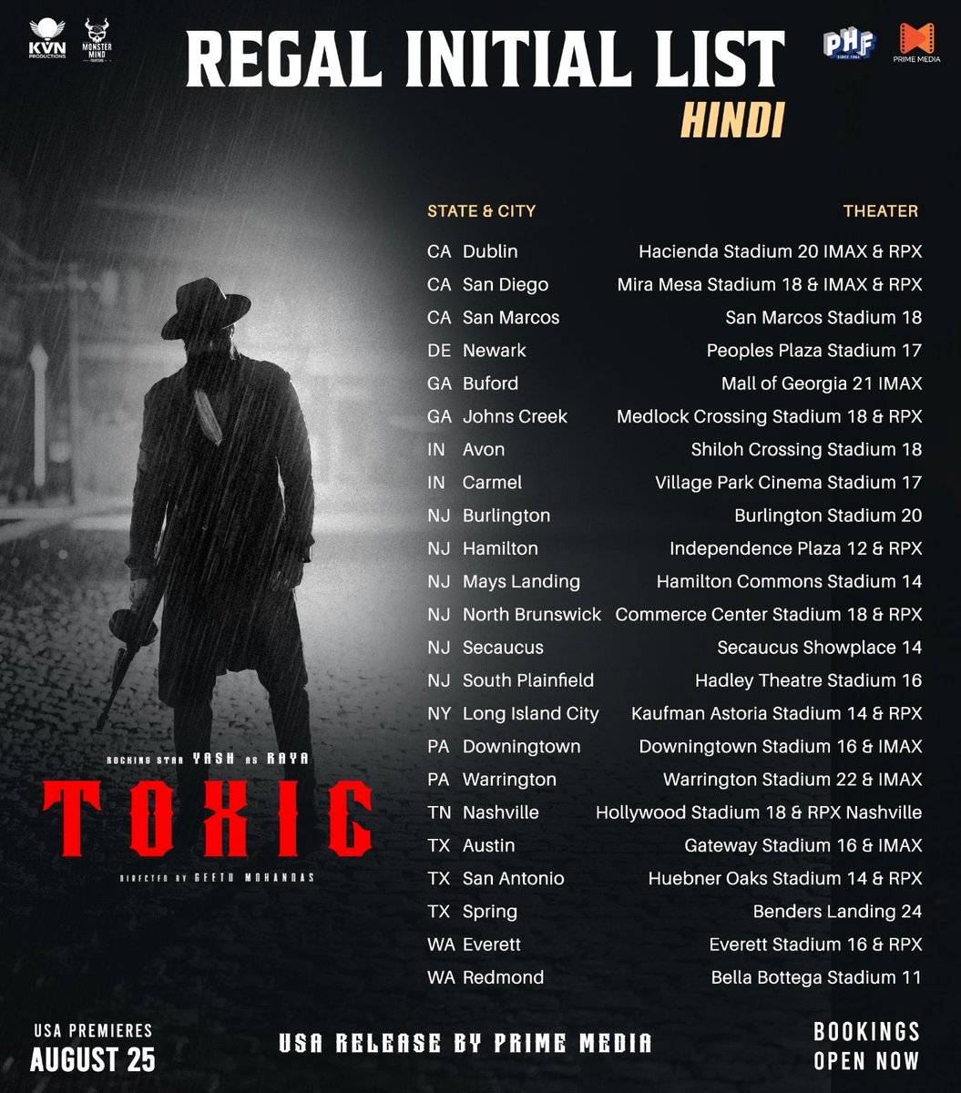 PrimeMediaUS's tweet photo. #ToxicTheMovie initial @RegalMovies RPX &amp; regular theaters for Kannada, Telugu &amp; Hindi

Bookings are open in these locations 🔥🔥

Reserve &amp; get for grand welcome to #YashBOSS𓃵 @PharsFilm @KvnProductions https://t.co/f6FvOosLDe