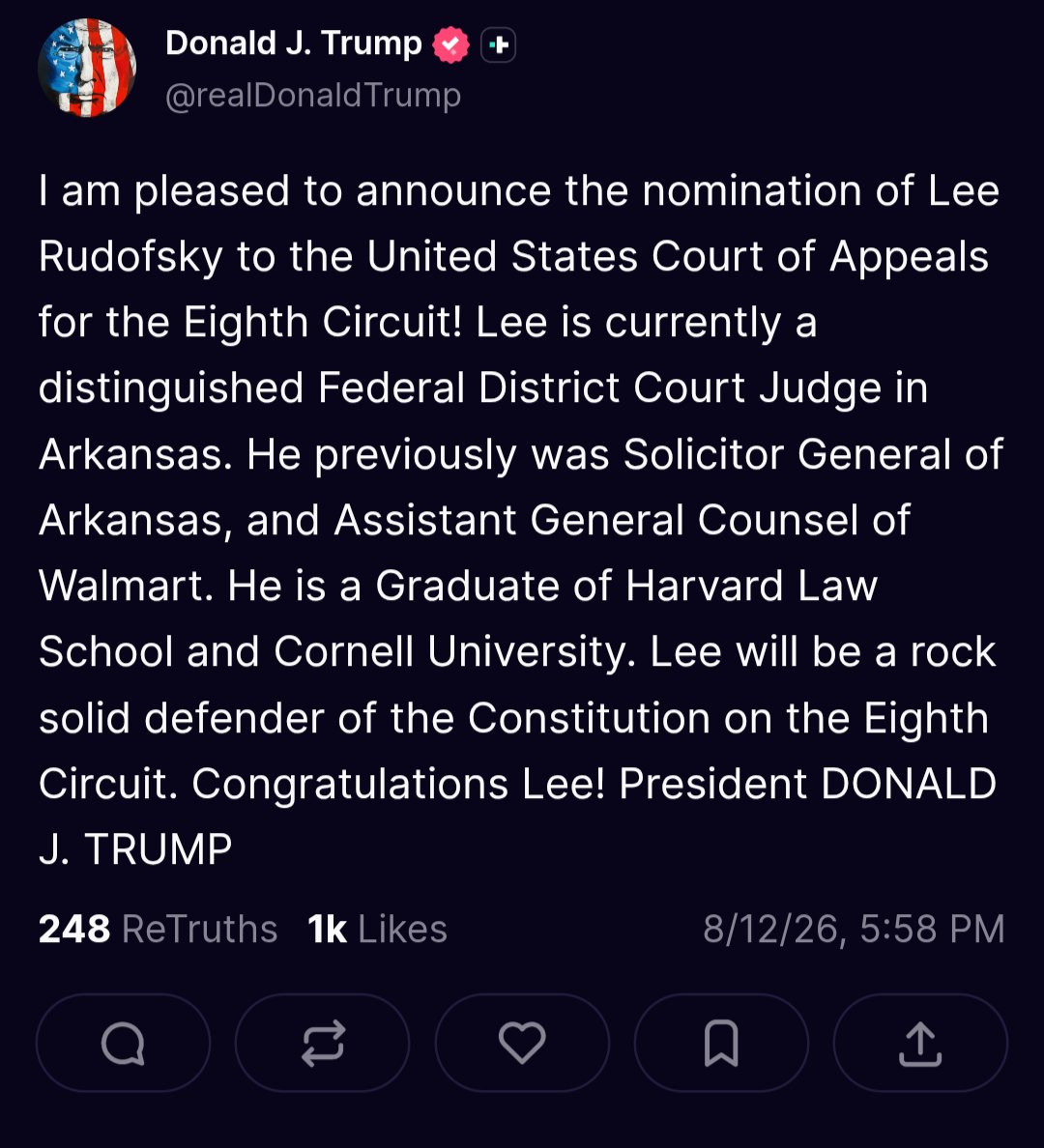 EWess92's tweet photo. Another *yuge* nomination coming from President Trump. Judge Lee Rudofsky will immediately give the excellent Judges Justin Smith and Traynor runs for their money as the best new Eighth Circuit judge. As an Eighth Circuit practitioner, I could not be more excited. https://t.co/SuQ887gMK3
