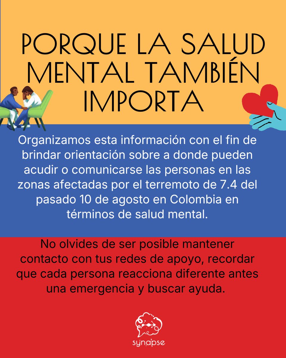 SynapseIntegral's tweet photo. Sabemos que con el pasar de los días después del terremoto del pasado 10 de agosto en Colombia es muy común que algunas personas sientan ansiedad, incertidumbre, tristeza, miedo, preocupación, alteraciones en el sueño, angustia, inseguridad, impotencia, entre otras. https://t.co/LUL13f77aq