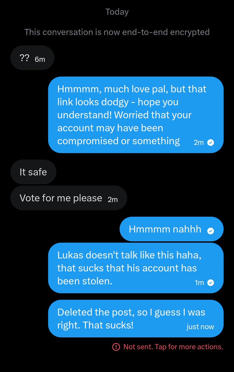 Toadsanime's tweet photo. Looks like @lukaseggen has had his account compromised - got sent a strange link asking to vote for him for something. They've since deleted it + blocked me.

Assume his account was compromised by clicking a similar link DM'd to him. Don't click dodgy links sent by mutuals! 😟 https://t.co/rQXkHRxk7C