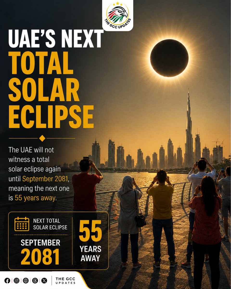 TheGCCUpdates's tweet photo. **UAE’S NEXT TOTAL SOLAR ECLIPSE**

The UAE will not witness a total solar eclipse again until September 2081, meaning residents will have to wait 55 years for the rare celestial event.
Follow @The GCC Updates for the latest updates
#UAE #SolarEclipse #Space #Astronomy #UAEEvents https://t.co/Zj4DEyJeWx