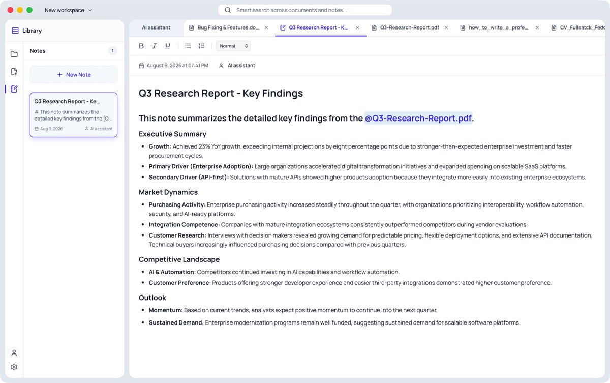 felixtiss's tweet photo. @MaberFate I’m building a personal knowledge base with an AI agent that researches your local files and turns it into structured notes/reports. The key feature is verifiable citations - you can always trace any info back to the exact source the agent used. It’s still in closed beta for now https://t.co/X0ux9ftPKL