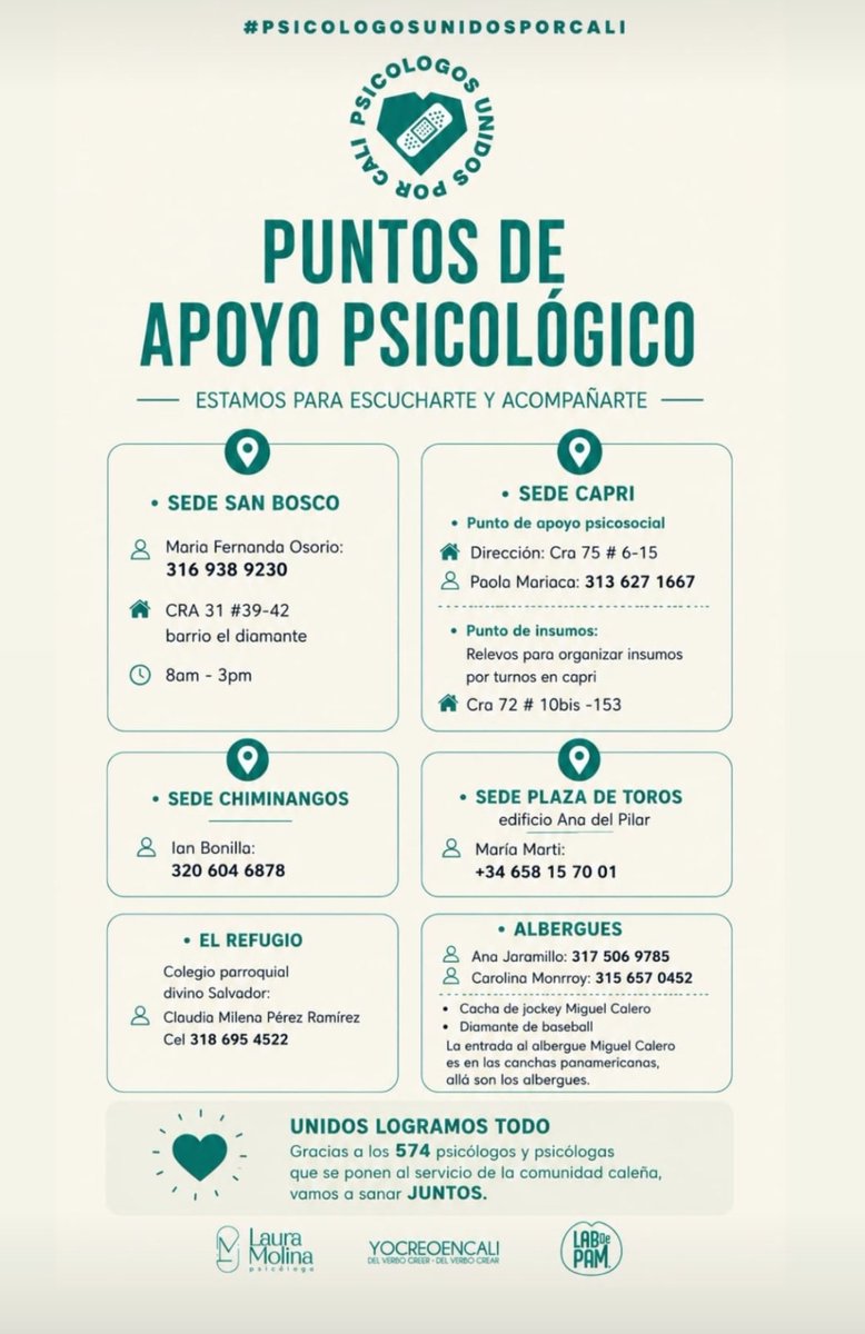 egocadavid's tweet photo. Apoyo psicológico en Cali. Recuerden que no están solos. 

Gracias por compartir. https://t.co/cdN8txhnwc