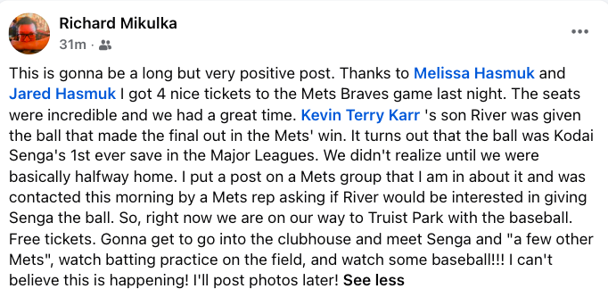 MKEstes's tweet photo. get the ball for him. My friend Richard (huge Mets fan) was at that game and I mused if HE got the ball, he'd make sure it got to the pitcher. And the next day, he posted https://t.co/DgHeY8qqE2