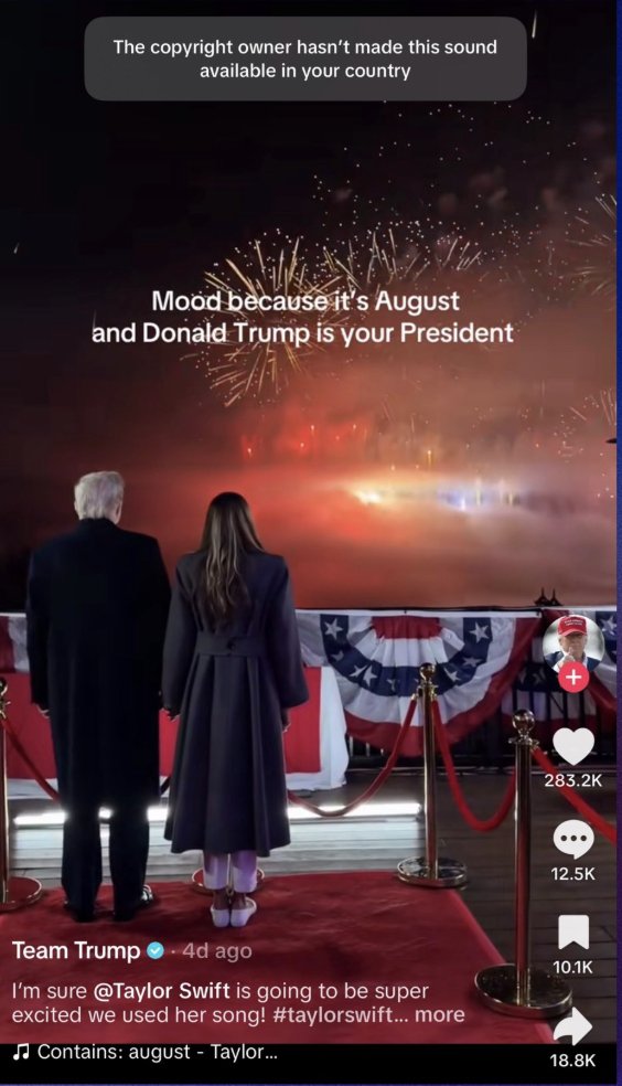 ReadBPdaily's tweet photo. Taylor Swift had her song "August" pulled from a Team Trump TikTok after the account used it without permission in a video of Donald and Melania watching fireworks, captioning it "I'm sure Taylor Swift is going to be super excited we used her song."
By Friday, the track had been replaced with a copyright block. Taylor Swift: 1. Team Trump: 0.
The feud that started in 2018 over a Tennessee Senate race is still very much ongoing.