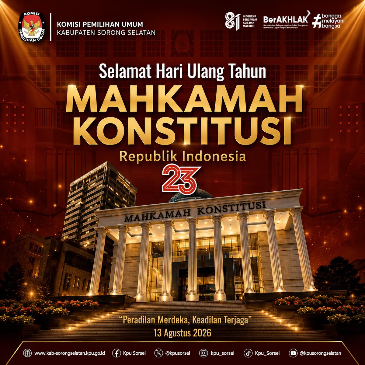 kpusorsel's tweet photo. #Temanpemilih, KPU Kabupaten Sorong Selatan turut mengucapkan Selamat Hari Ulang Tahun ke-23 Mahkamah Konstitusi Republik Indonesia.

“Peradilan Merdeka, Keadilan Terjaga”

#KPUMelayani https://t.co/99RhUUKggu