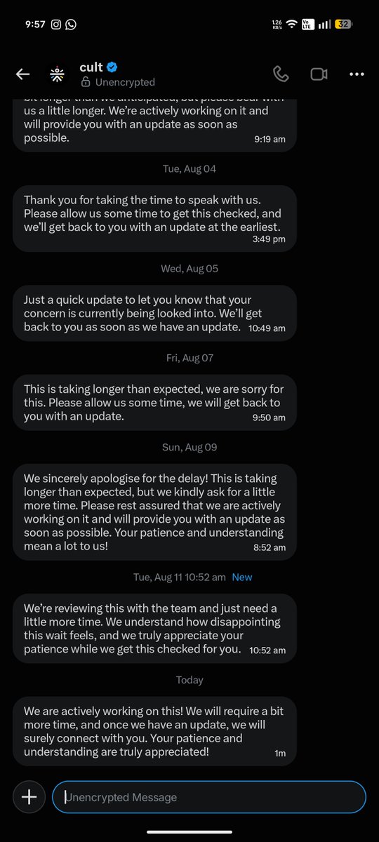 theprashkr's tweet photo. This is how @we_are_cult  support looks like. It's been more than a month still no resolution. https://t.co/BBbQxO9YML