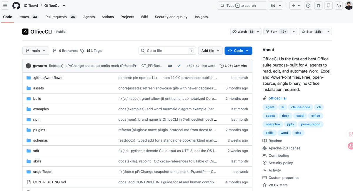 yaohui12138's tweet photo. GitHub 上有个叫OfficeCLI的项目，狂揽2.6w+ star！！

直接让 AI 掌控原生的 Word、Excel、PPT！

太爽了，以前那些让人抓狂的问题全解决了

你让 Claude 帮你做个 PPT，它原来只能输出一堆代码，你还得自己跑脚本、调格式，生成的文件用 Office 打开经常样式乱掉

或者它给你一段文字描述，你得手动复制粘贴到 
PowerPoint 里，一页一页调

现在直接对 AI 说“帮我做个季度报告 PPT”，它操作 OfficeCLI，直接生成原生 .pptx 文件，用 Microsoft Office 打开完美兼容，该有的动画、图表、格式一个不少

以前的方案都是妥协

python-pptx、openpyxl 这些第三方库，生成的文档格式受限，复杂样式做不了，兼容性还有问题
更要命的是，AI 只能输出代码，你还得自己配 Python 环境、装依赖、跑脚本，中间出错了还得调试

OfficeCLI 彻底改变了这个游戏规则

它是专为 AI 打造的 Office 套件，让 AI 能像人类操作 Office 一样，直接创建、读取、编辑 .docx、.xlsx、.pptx 文件

关键是生成的文档是原生 Office 格式，不是什么兼容格式或导出版本，直接用 Microsoft Office 打开，所有功能都能用！

单一二进制文件，不需要安装 Office，不需要 Python 环境，不需要任何依赖

AI 通过简单的命令行指令就能完成所有操作

更厉害的是，OfficeCLI 内置了渲染引擎，能把文档实时渲染成 HTML 或截图，让 AI “看到”自己做的东西

发现标题溢出了，AI 自己调整
图表位置不对，AI 自己修正

这套自愈型工作流内置结构化错误码，AI 碰到问题会收到带修复建议的反馈，不需要人工介入就能自我纠正，真正实现"制作 → 预览 → 发现问题 → 继续修改"的完整闭环

上手其实很简单，完全免费开源，单一二进制文件，不需要安装 Office

macOS 和 Linux 用户一行命令搞定：

curl -fsSL https://t.co/NopIIRcLCK | bash
Windows 用户在 PowerShell 里运行：
irm https://t.co/SvllZJoj6O | iex
安装完自动检测你电脑上的 AI 工具，Claude Code、Cursor、Windsurf、GitHub Copilot 这些主流编程助手都能无缝对接

如果你偏好手动控制，也可以直接去 GitHub Releases 页面下载对应平台的二进制文件，解压后配置一下环境变量就能用

最强的是实时预览模式：

officecli watch report.docx

这个命令会启动一个本地服务器，浏览器里实时显示文档修改效果，你甚至可以在浏览器里点击元素，CLI 会反向同步操作

对于 Excel 自动化，OfficeCLI 支持批量写入数据、设置单元格格式、插入图表，对于需要每天生成销售报表的场景特别实用

PPT 制作更是它的强项，AI 可以通过路径寻址系统精确定位每个形状、文本框、图片的位置，调整字体、颜色、布局，生成的演示文稿直接就是可以拿去汇报的水平
和 AI 编程助手的集成

OfficeCLI 内置了 MCP 服务器，通过 JSON-RPC 暴露所有文档操作能力

比如你可以直接对 Claude 说"帮我生成一份季度销售报告的 PPT，包含数据图表和趋势分析"，它会自动调用 
OfficeCLI 完成创建、填充内容、渲染预览、检查问题、修复错误的全流程

为什么这个突破这么重要，OfficeCLI 解决的不只是"文档生成“这么简单

它打通了 AI 和企业办公场景的最后一公里

以前 AI 生成的文档，要么是 Markdown、要么是 HTML，要么是第三方库生成的兼容格式，拿到公司里根本没法用
领导要的是能直接在 Office 里打开、编辑、批注的文档
客户要的是格式规范、样式统一的正式报告

OfficeCLI 让 AI 生成的文档直接就是原生 Office 格式，不需要任何转换，拿过来就能用

对于需要批量生成标准化文档的场景，比如合同模板、数据报表、会议纪要、项目提案，OfficeCLI + AI 的组合能把效率提升一个量级

更重要的是，它完全开源，单一二进制文件的设计让部署变得极其简单，在 Docker 或 CI/CD 环境中也能无缝运行，不需要图形界面就能生成 PDF 就绪的报告

GitHub 地址：https://t.co/5cuM1WGIbn
如果你也在探索 AI 办公自动化，这个工具值得试试