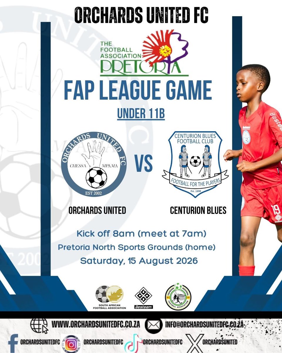 orchardsunited's tweet photo. IT'S MATCHDAY! ⚽♥️🖤

U11B vs Centurion Blues FC

Sat 15 Aug | Kick off 8AM | Meet 7AM
📍 Pretoria North Sports Grounds - HOME

Let’s go Orchards! #Chessampama https://t.co/GEeEmEWwg5