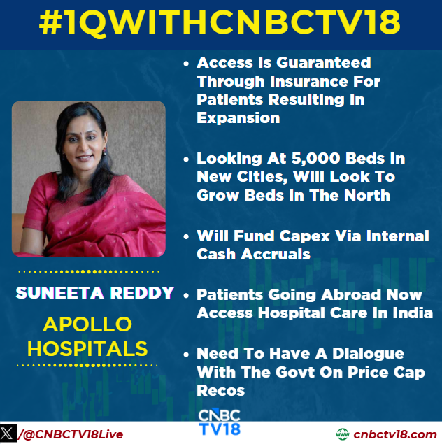 CNBCTV18Live's tweet photo. #1QWithCNBCTV18 | Suneeta Reddy, of #ApolloHospitals, says the company is looking at 5,000 new beds in new cities, with plans to expand its presence in North India

She adds that capex will be funded through internal cash accruals and Apollo aims to improve hospital margins to 25%, Digital business losses are expected to be wiped out next quarter

#Healthcare #ApolloHospitals #Earnings #CNBCTV18