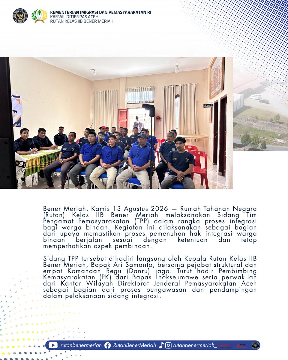 rutanbm's tweet photo. Rutan Bener Meriah Gelar Sidang TPP Integrasi bagi 23 Warga Binaan

#kemenimipas 
#ditjenpas 
#pemasyarakatan 
#ditjenpasaceh https://t.co/44D8M1wyqv