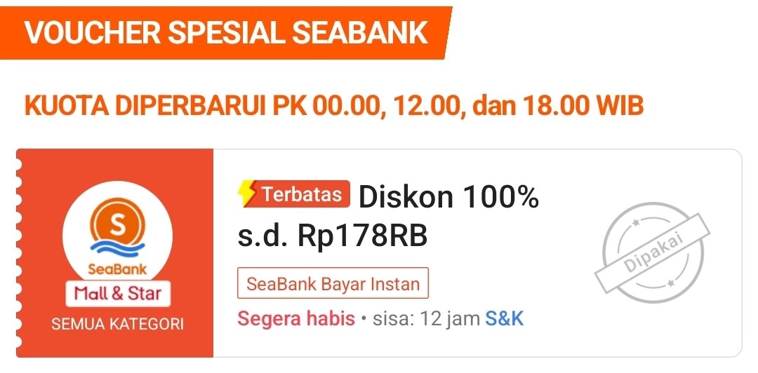 RacunBelanja's tweet photo. Diskon 100% maksimal Rp178.000
Tanpa minimal pembelian 
⏰ Jam 12:00 &amp; 18:00
📌 gak bisa shopeelite

Klaim vouchernya dulu:
https://t.co/ZVPec2FrbQ

Kemungkinan cara rebutannya di halaman checkout, bolak balik cek di bagian voucher 🤔🤔 https://t.co/KQRp8E5vob