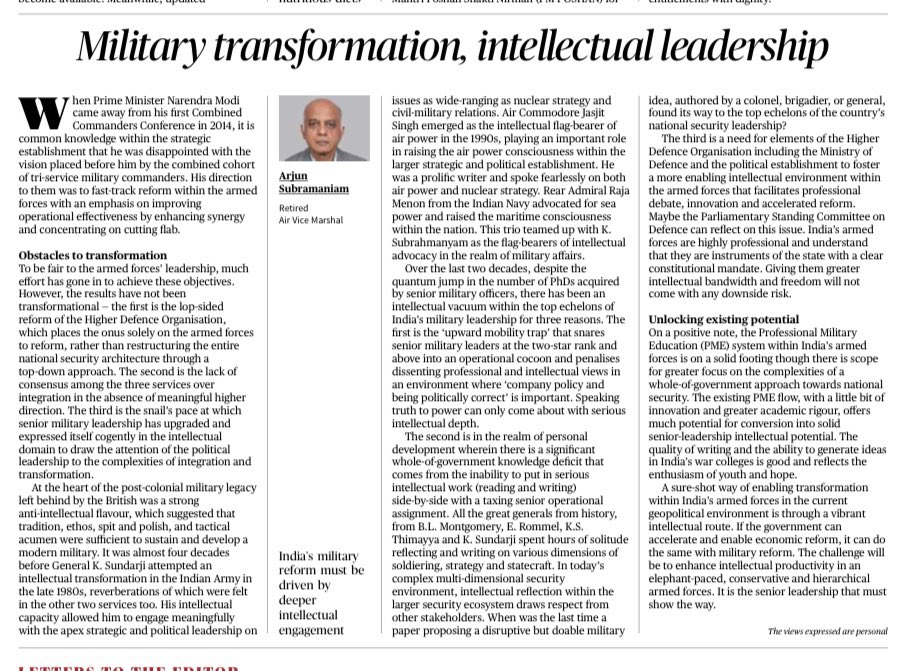 IamRajat_Pandit's tweet photo. Over the last two decades, despite the quantum jump in the number of PhDs acquired by senior military officers, there has been an intellectual vacuum within the top echelons of India's military leadership: Air Vice Marshal Arjun Subramaniam (retd) @rhinohistorian https://t.co/HcxLoZ9ryY