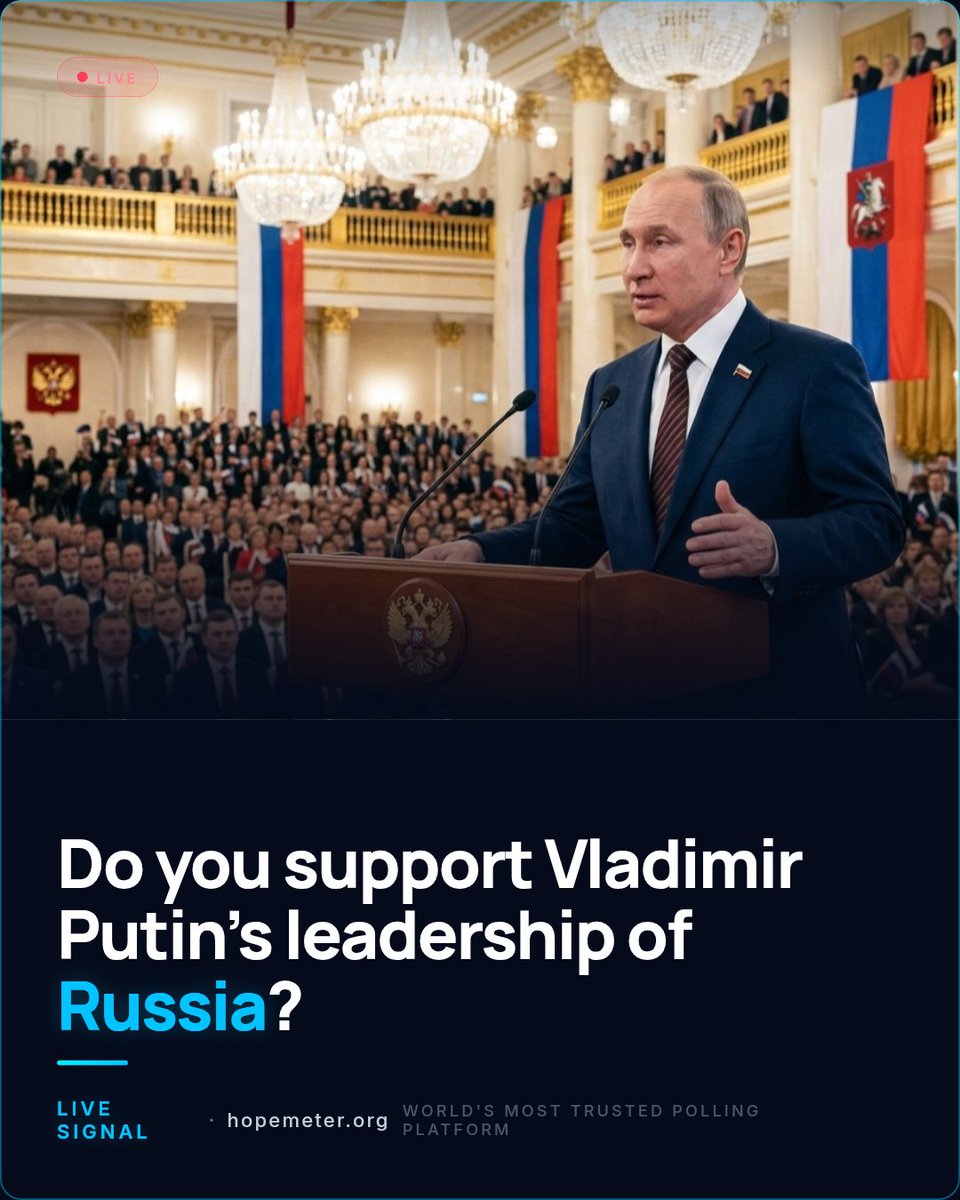 Hopemeter's tweet photo. For more than two decades, Vladimir Putin has remained one of the most influential and controversial leaders in the world.

Supporters see a leader who restored Russia's power and challenged Western dominance.

Critics point to the war in Ukraine, international sanctions, political repression, and growing isolation from much of the West.

Few leaders divide global opinion more.

Do you support Vladimir Putin's leadership of Russia?

#Russia #Putin #Geopolitics