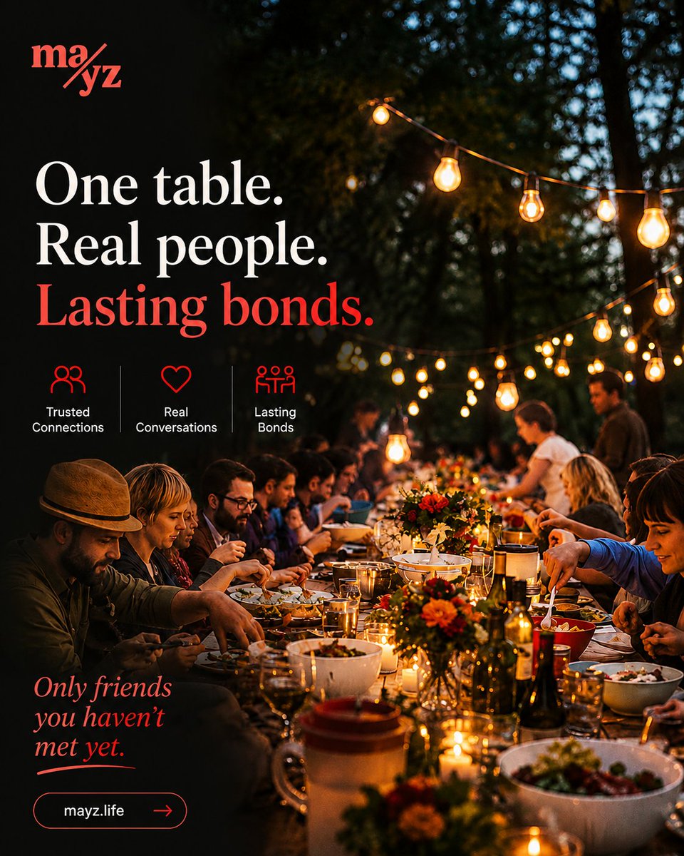 LetsMayz's tweet photo. We’re all looking for the same thing: a place to belong.

A shared table. Real conversations. New people who might just become lifelong friends.

Mayz brings people together around food, because sometimes the best connections

One table. Real people. Lasting bonds. ❤️ https://t.co/GU32P1fHoK