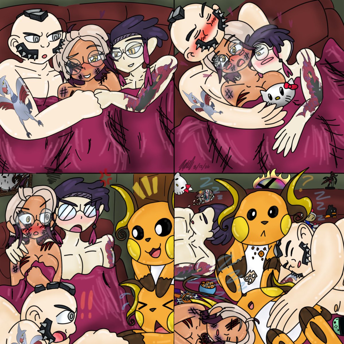 AxelDk64's tweet photo. An overdue gift for Sigma as Alsafi here with her husbandos Corbeau and Phillipe! 💜
Much passion, until they get chu blocked by her alpha Raichus Nagi and Nacho! X'D
Hope was worth the wait! X3
#Pokemon #Corbeau #Phillipe #PokemonLegendsZA #Raichu #fanart https://t.co/7HF7vvwJvX