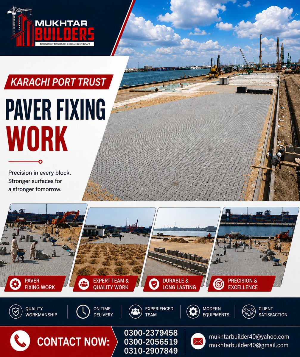 MukhtarBuilders's tweet photo. We don’t just lay pavers. We build stronger surfaces. 💪🏗️

Karachi Port Trust | Paver Fixing Work @official_kpt @TOKCityOfLights @GovtofPakistan
#MukhtarBuilders #Construction #PaverWork #Karachi #Paverwork #mostreliable #qualitywork #trends https://t.co/7cxaUtHTnj