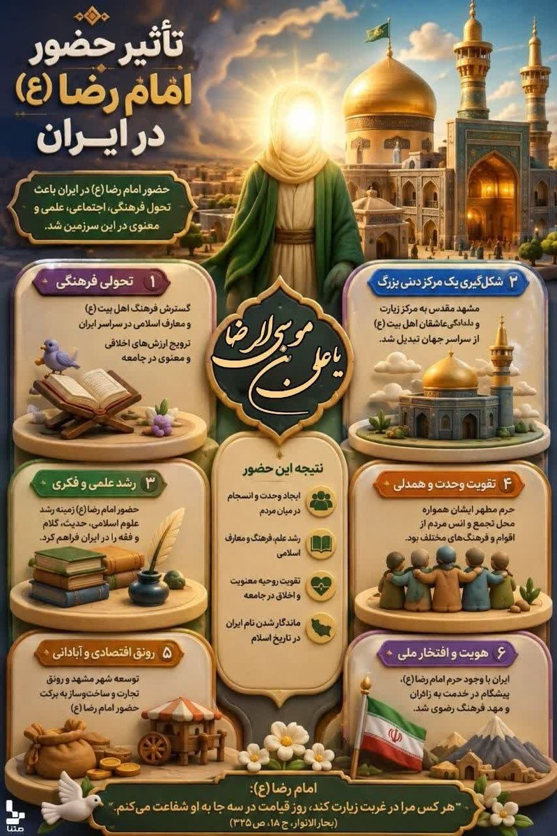 glwnu's tweet photo. تاثیر حضور امام رضا(ع) در ایران
👌تحولي فرهنگی 
👌شکل گیری یک مرکز دینی بزرگ
👌رشد علمی و فکری
👌تقویت وحدت و همدلی 

#ایران_امام_رضا https://t.co/Jnk8XolGR7