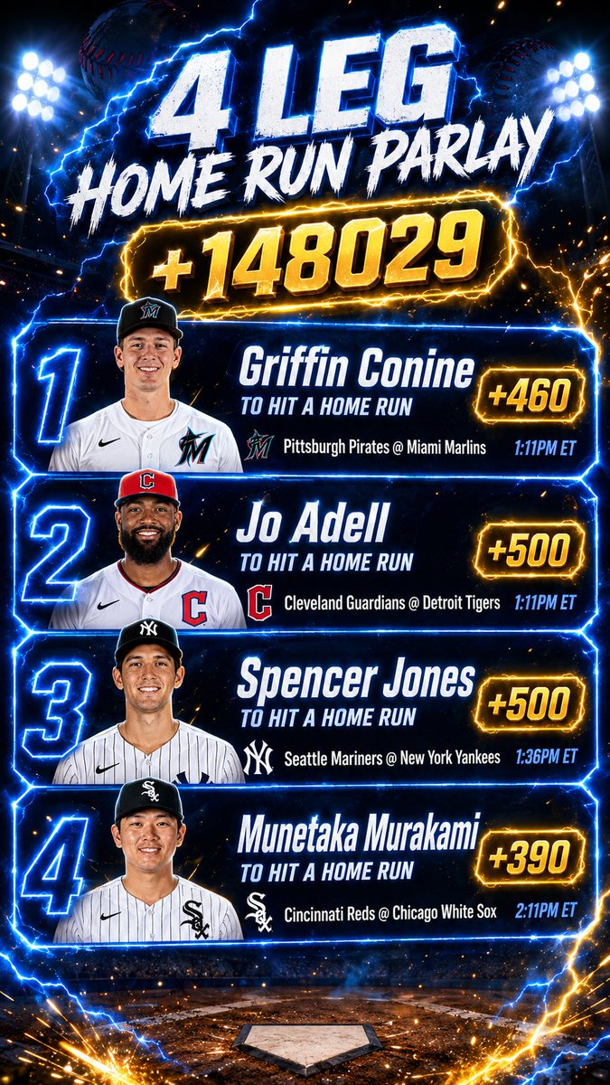 SpeakerBoiiDrew's tweet photo. THE +148029 EARLY DINGER LOTTO IS IN‼️🏌🏾‍♂️⚾️💥

💣 Griffin Conine
💣 Jo Adell
💣 Spencer Jones
💣 Munetaka Murakami

FOUR SWINGS AWAY FROM A SERIOUS BAG 😈🏦📈

Who goes yard FIRST—and which leg scares you most? 👀

LIKE + REPOST if you’re riding 🔥 https://t.co/O2eo7BRaEk