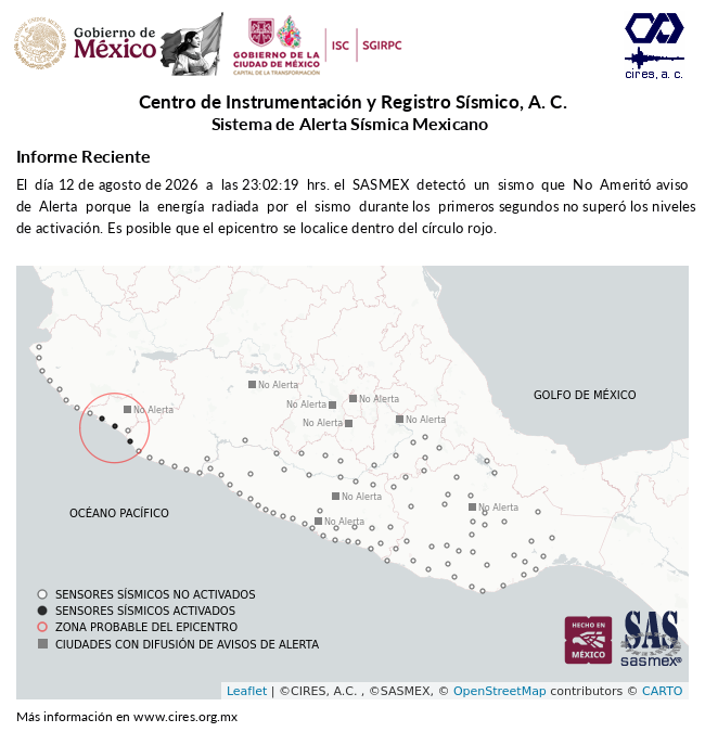 SASMEX's tweet photo. Informe preliminar del #Sismo detectado el 12-ago-26 a las 23:02:19 hrs. #TenemosSismo #LaPrevenciónEsNuestraFuerza https://t.co/55g0qguIZY