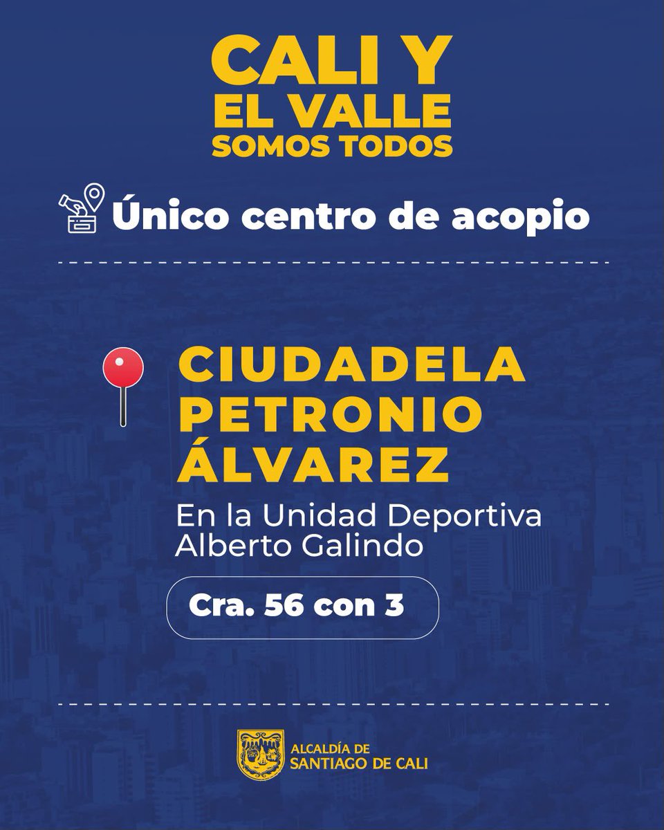 AlcaldiaDeCali's tweet photo. ¡Importante Cali! 

El único centro de acopio de alimentos NO Perecederos, elementos de protección y/o necesarios para atender en los diferentes puntos de emergencia es la Ciudadela Petronio Álvarez, en la Unidad Deportiva Alberto Galindo. 

#CaliSomosTodos https://t.co/dybaQFE9TP