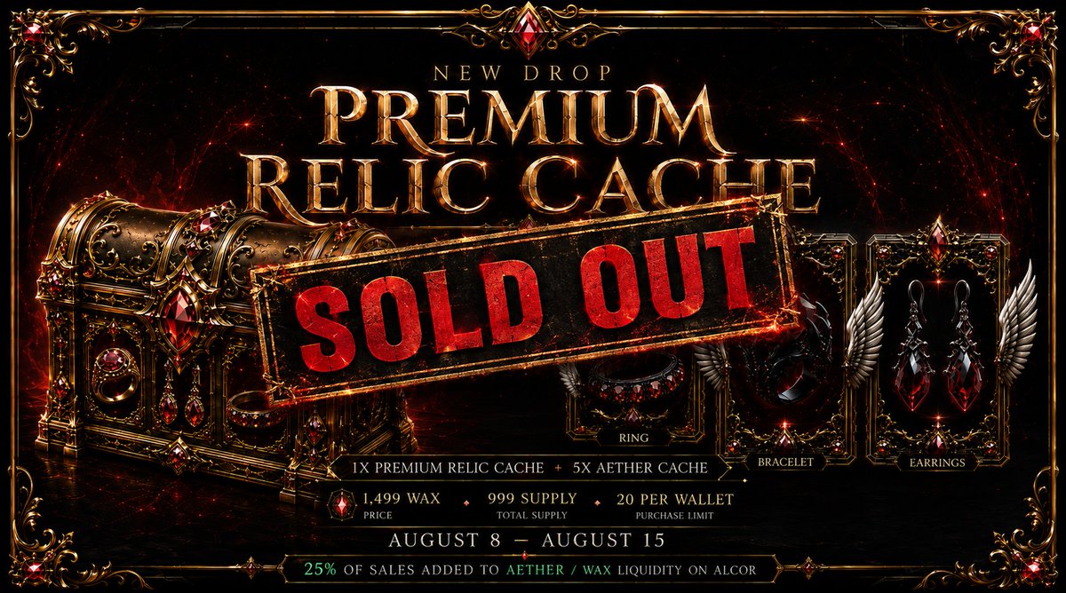 RoA529's tweet photo. 11/08/2026

‼️ ANNOUNCEMENTS‼️

⚔️ PREMIUM RELIC CACHE BUNDLE — SOLD OUT!🔥

All 999 bundles are gone! 🎉

💰 1,497,501 WAX raised
💧 355,656.49 WAX added to AETHER/WAX liquidity

Thank you, warriors! ⚔️ More drops coming soon! https://t.co/cyp7YXRi4i