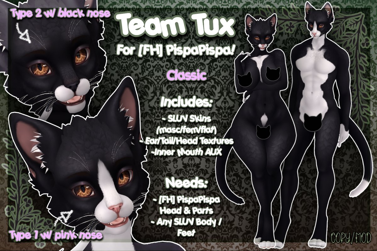 frettchenhausSL's tweet photo. Coming to @Abnormal_Event Halftime on the 15th!  

Tuxedo cat mods for the PispaPispa Head &amp; Parts! 
Inspired by and in loving memory of our beloved Houdini whom we lost last month </3  

#secondlife https://t.co/RH5Hu6mteG