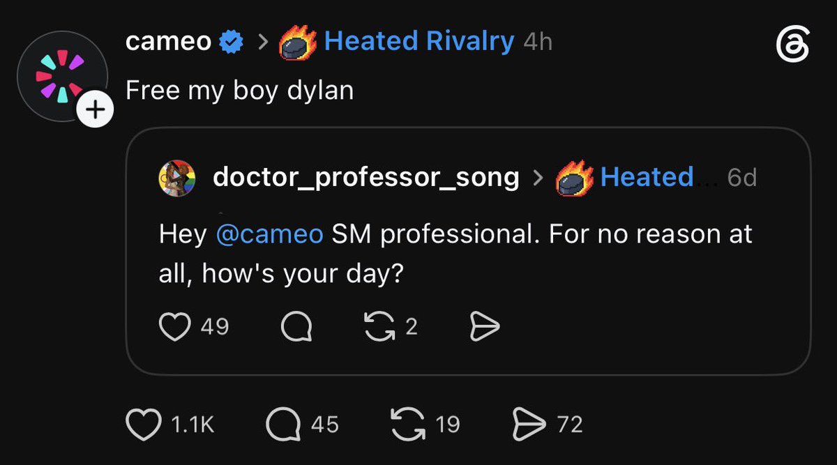 HRCastUpdates's tweet photo. Cameo posted on Threads “free my boy Dylan,” seemingly in reference to Dylan Walsh being unable to take Cameo requests until summer of next year after a video where he appeared to leak information about the filming of season 2 of Heated Rivalry https://t.co/8f1C8Pf0S2