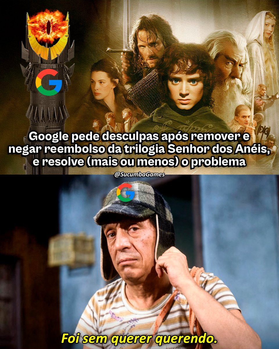 SucumbaGames's tweet photo. O Google pediu desculpas após remover da conta de um usuário a trilogia de O Senhor dos Anéis e inicialmente negar qualquer reembolso. Após a repercussão do caso, o usuário seguiu a recomendação de pedir para falar com um supervisor. O primeiro não resolveu o problema, mas, depois de alguns dias e de novos argumentos apresentados com base nos termos e condições da empresa, ele conseguiu falar com um segundo supervisor, especialista sênior de suporte ao cliente.

Foi então que o Google reconheceu o erro, concedeu um crédito de £20 e enviou links para os três filmes, admitindo que eles haviam sido removidos por engano. Porém, a solução ainda não veio completa. Os links enviados exigem que os filmes sejam comprados novamente no YouTube, enquanto apenas o primeiro e o terceiro estão disponíveis na Google TV. O segundo continua indisponível. O usuário também suspeita que a repercussão do caso nas redes sociais possa ter influenciado a decisão do Google.