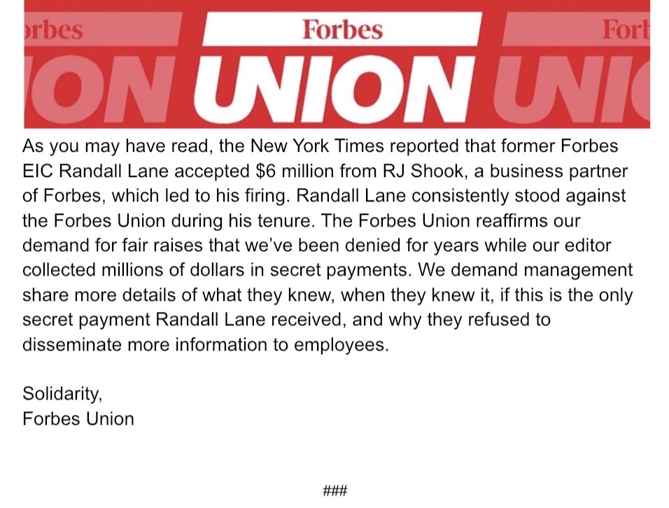 forbesunion's tweet photo. Forbes Union statement regarding The New York Times's reporting on Randall Lane: https://t.co/YYVVaQV40F