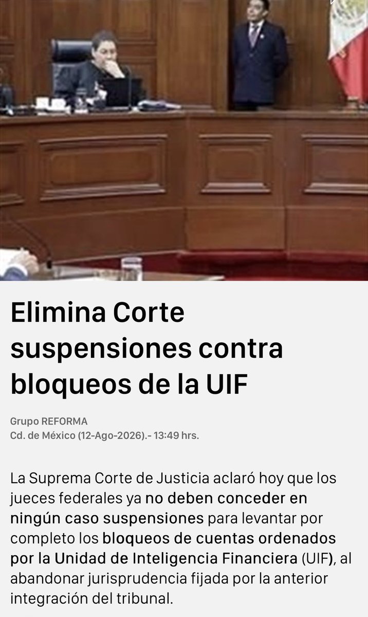 JoseMarioMX's tweet photo. La @SCJN acaba de cambiar algo mucho más serio que una regla sobre cuentas bancarias. Si la UIF bloquea tu patrimonio por “indicios” de lavado, ya no será sencillo que un juez ordene liberarlo mientras se decide si el bloqueo estuvo bien hecho. Primero te inmovilizan; después tendrás que pelear para recuperar lo que es tuyo.

El punto no es proteger delincuentes. El punto es otro: una autoridad administrativa puede dejar a una persona o a una empresa sin acceso real a su dinero, sin sentencia y sin orden judicial previa. Y ahora el amparo pierde buena parte de su fuerza para evitar que esa medida destruya, antes del juicio, aquello que después quizá resulte perfectamente lícito.

Los poderes extraordinarios siempre nacen con una buena justificación. El problema empieza cuando dejan de ser extraordinarios. Hoy puede parecer una herramienta contra narcotraficantes; mañana puede aplicarse a empresarios, profesionistas o adversarios incómodos. La pregunta es simple: ¿quién va a controlar a la UIF cuando se equivoque o abuse?