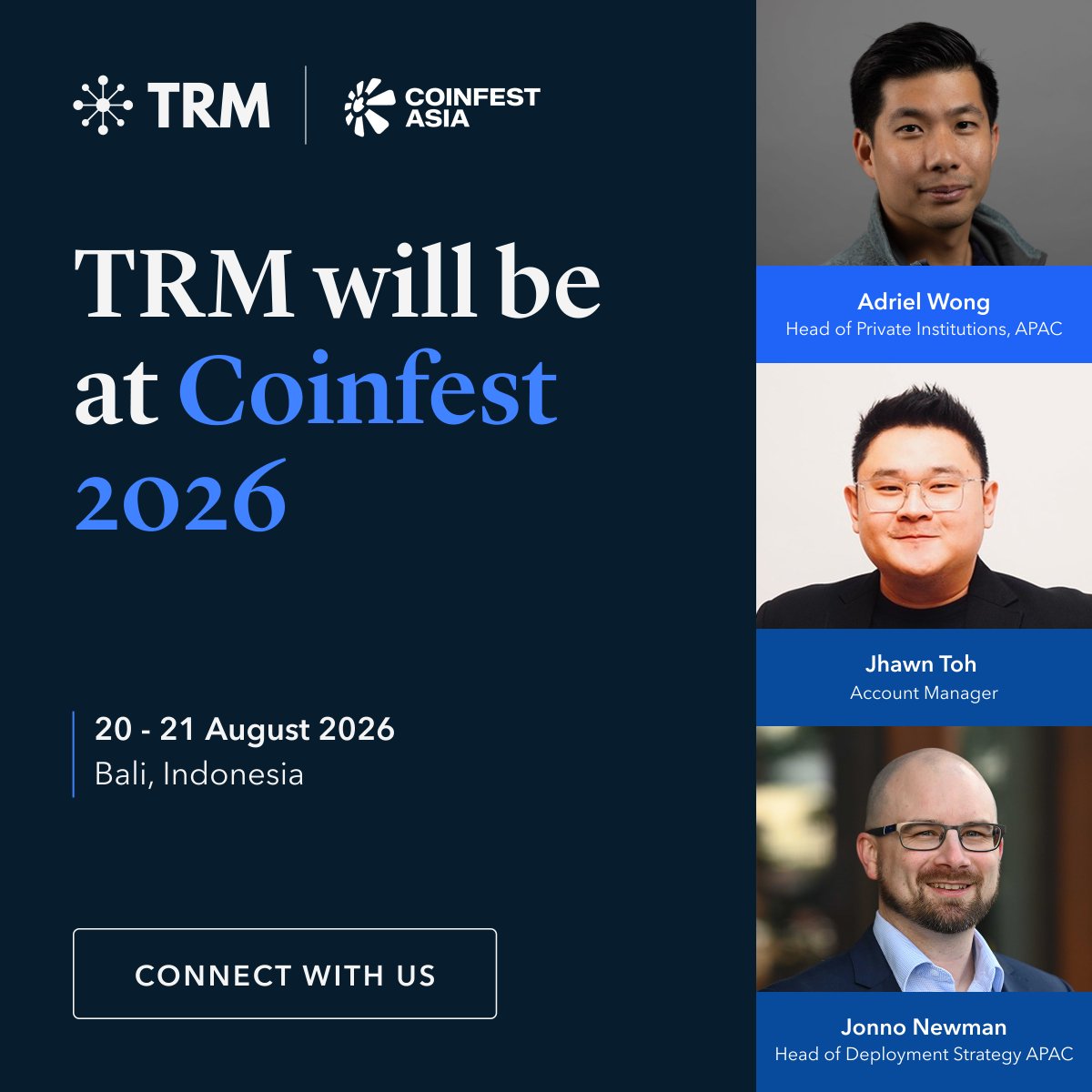 trmlabs's tweet photo. 🇮🇩 TRM Labs will be at @coinfestasia 2026 — August 20–21, in Bali — where institutions, builders, and traders gather to shape the region's digital asset future.

Reach out ahead of the event or come find our team on the ground!

🔗 More details: https://t.co/Uo7NEnlQuy https://t.co/EBPBGIVxFk
