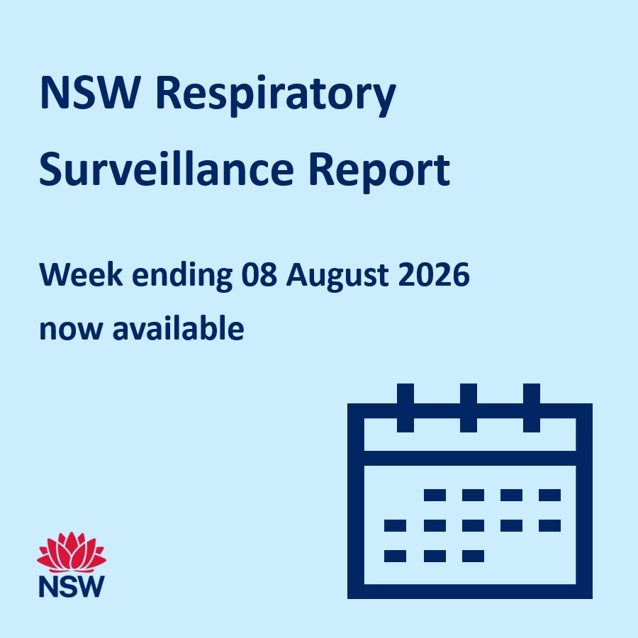 Image with large text: ‘NSW Respiratory Surveillance Report’ with the subheading ‘Week ending 08 August 2026 now available. The NSW Government logo is on the left bottom corner. On the right is an icon of a calendar.