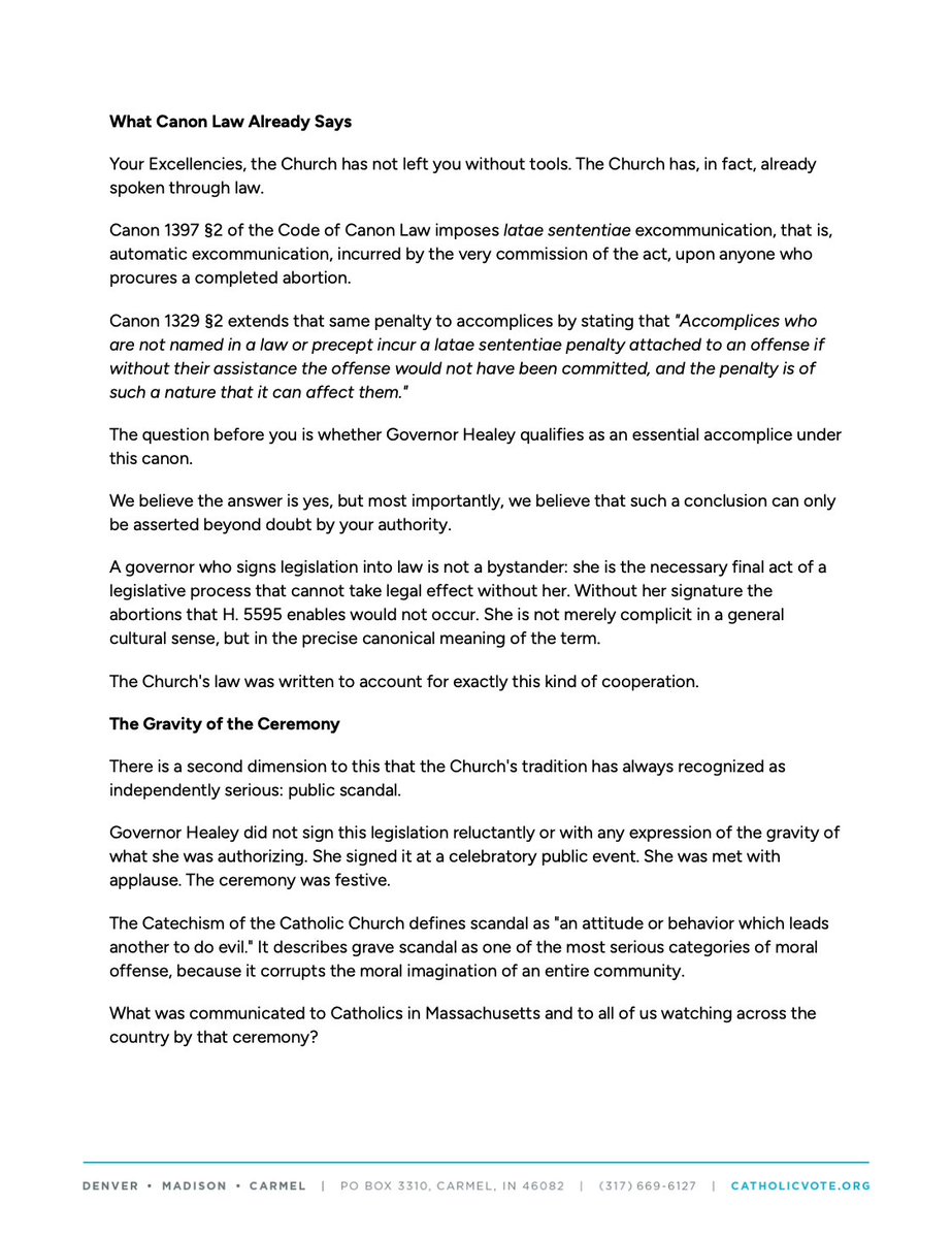 catholickelsey's tweet photo. As head of @CatholicVote I have written the Bishops of Massachusetts to request more than a strongly worded statement against H. 5595. 

I ask clarification on the excommunication of @MassGovernor. 

Public expansion and celebration of genocide by a Catholic requires response. https://t.co/Rqr6WgxcT6