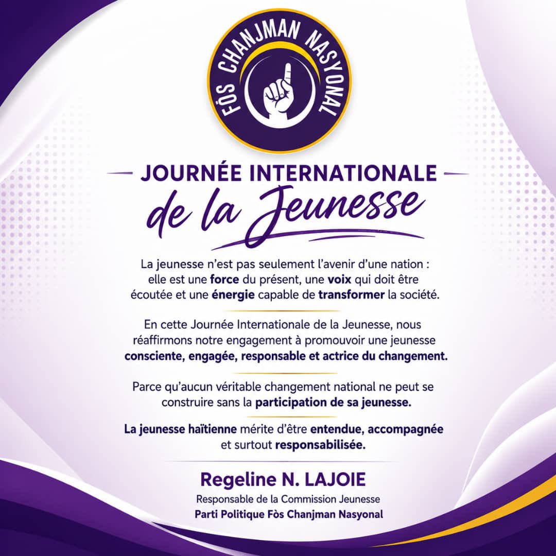 foschanjman's tweet photo. En cette Journée Internationale de la Jeunesse, nous célébrons une génération appelée à jouer un rôle essentiel dans la transformation de notre société.

La jeunesse haïtienne est une force, une voix et une richesse pour notre nation. Elle doit être écoutée, accompagnée.. https://t.co/cW2ixN1Hqn