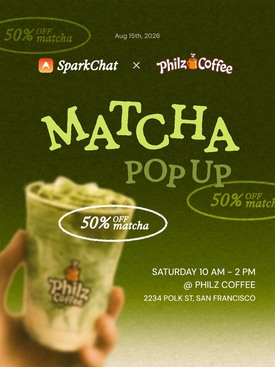 sparkchat_so's tweet photo. 🍵 Matcha lovers, this one’s for you! 

SparkChat is teaming up with Philz Coffee for a special Matcha Pop-Up 💚

Download SparkChat through the link in our bio to RSVP and get 50% OFF your matcha ✨

#sparkchat #sfmatcha #thingstodoinsf #matcha #matchapopup https://t.co/m1G4FXtvWg