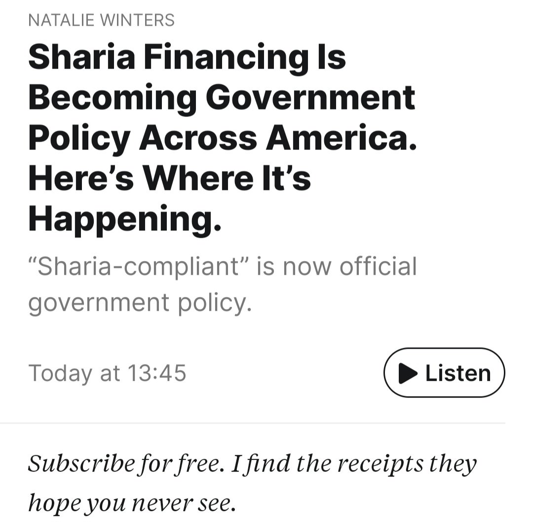 Susan_Dupres's tweet photo. Washington State 

Break Over ... Breaking News!

SHARIA FINANCING IS BECOMING POLICY ACROSS AMERICA 

"Sharia compliant" is now government policy.

August 12, 2026

7. Seattle, Washington - Seattle's Mayoral Housing Plan - "Housing Tools for Sharia Compliant Lending."

8. Seattle, Washington - Seattle's Office of Immigrant and Refugee Affairs - "Research Alternative Islamic Financing Loan Options."

9. Seattle, Washington - Seattle EDI advisory board - "turning [funding] into a sharia-compliant loan fund."

10. Washington State - Washington State Dept. of Commerce. "Sharia Compliant Financial Products."

11. Washington State - A separate Commerce report to the Legislature.  "Sharia Compliant Financing for Capital Projects."

READ MORE:

https://t.co/q0Tec3dA9p

H/T: @TurnSeattleRed

Post by Natalie Winters + story.