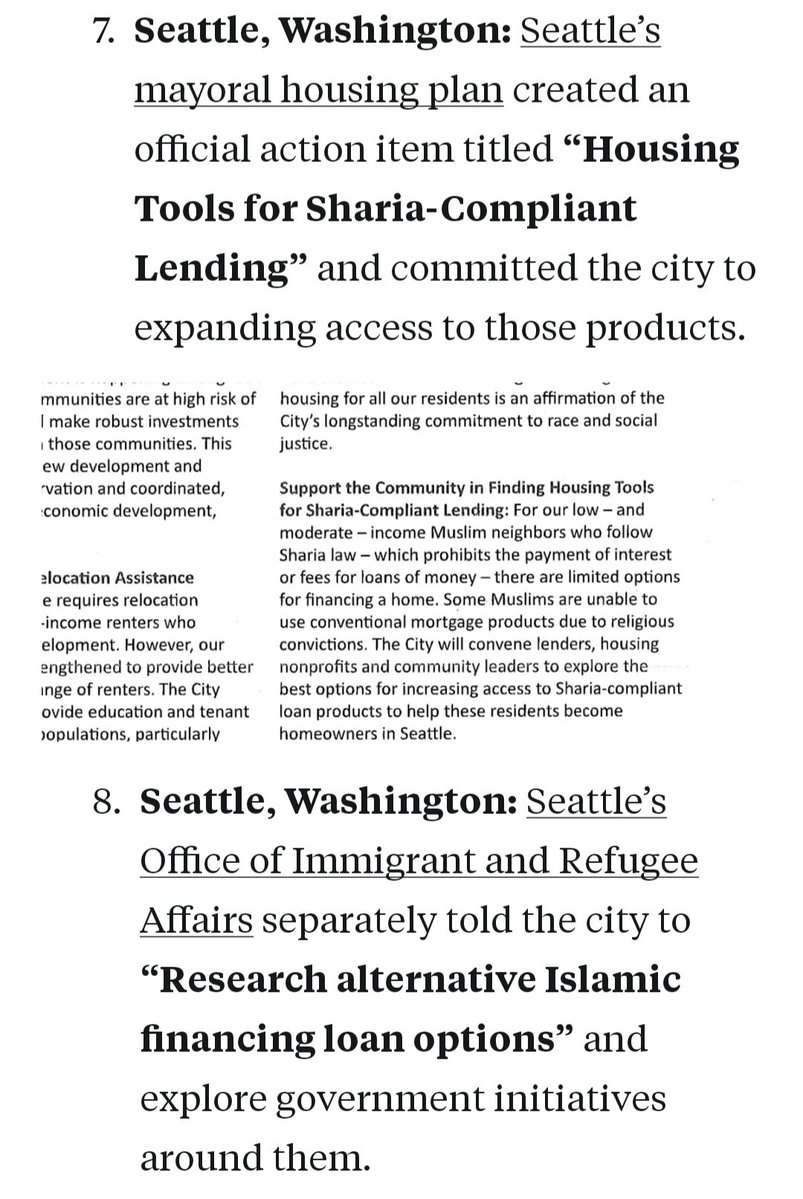 Susan_Dupres's tweet photo. Washington State 

Break Over ... Breaking News!

SHARIA FINANCING IS BECOMING POLICY ACROSS AMERICA 

"Sharia compliant" is now government policy.

August 12, 2026

7. Seattle, Washington - Seattle's Mayoral Housing Plan - "Housing Tools for Sharia Compliant Lending."

8. Seattle, Washington - Seattle's Office of Immigrant and Refugee Affairs - "Research Alternative Islamic Financing Loan Options."

9. Seattle, Washington - Seattle EDI advisory board - "turning [funding] into a sharia-compliant loan fund."

10. Washington State - Washington State Dept. of Commerce. "Sharia Compliant Financial Products."

11. Washington State - A separate Commerce report to the Legislature.  "Sharia Compliant Financing for Capital Projects."

READ MORE:

https://t.co/q0Tec3dA9p

H/T: @TurnSeattleRed

Post by Natalie Winters + story.