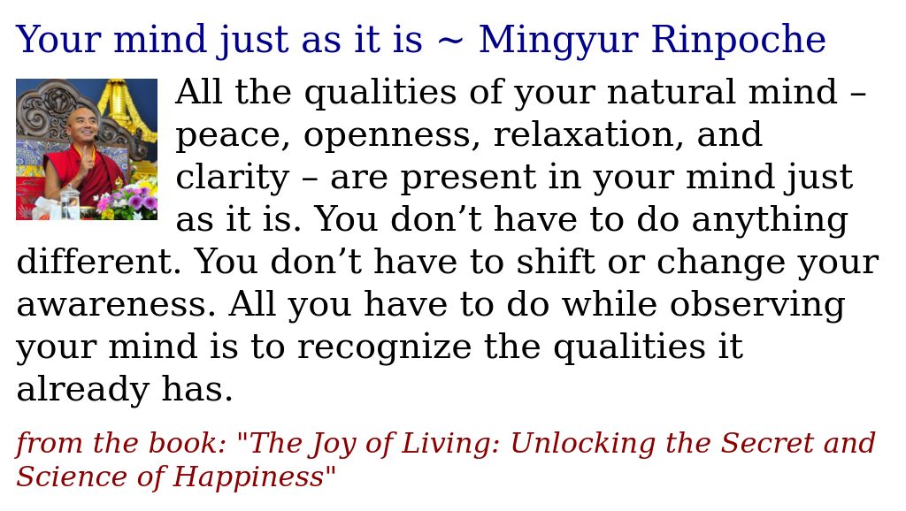 JDharmaQuotes's tweet photo. Your mind just as it is ~ Mingyur Rinpoche
https://t.co/qRl2RXNB0x

#MingyurRinpoche #openness #clarity #relaxation https://t.co/c2O3BMYPGs
