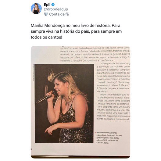 choquei's tweet photo. 🚨VEJA: Marília Mendonça surge em livro de História usado em escolas no Brasil e é apresentada como um dos grandes expoentes do “feminejo”. https://t.co/kdlNZrodyF