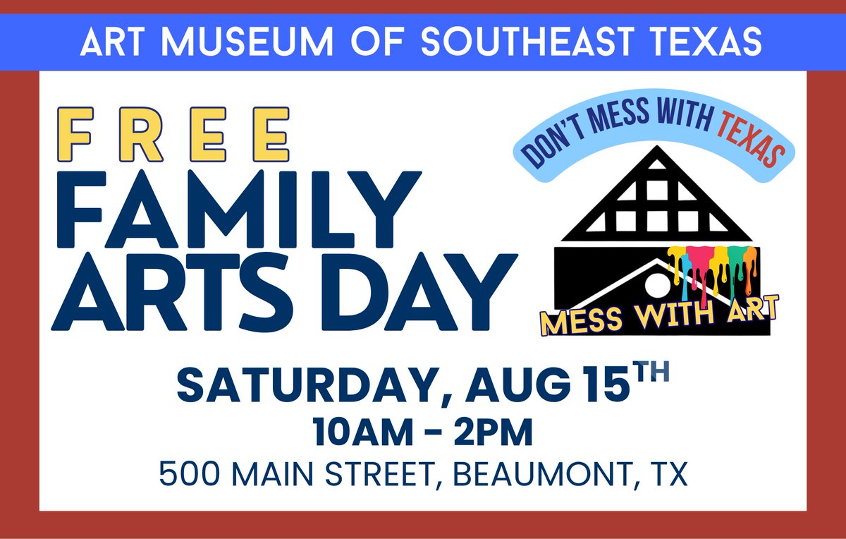 BobbyCounts2's tweet photo. 🎨 Get creative at Free Family Arts Day in Beaumont!

 📅 Saturday, August 15, 2026
 ⏰ 10:00 AM – 2:00 PM
 📍 500 Main St.
Beaumont, TX
 🎟️ FREE

Learn More: https://t.co/B1Cj3T57vJ

#BeaumontTX #FreeFamilyArtsDay #FamilyFun #BeaumontEvents #ThingsToDoInBeaumont https://t.co/jHPUinEdgT