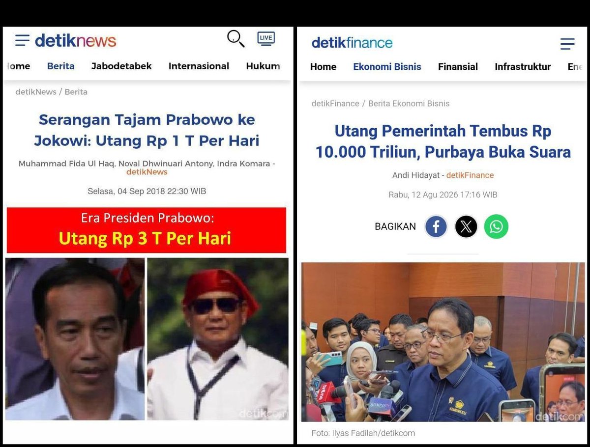 Piyusaja2's tweet photo. Prabowo dulu nyinyir utang negara era Jokowi: Utang 1 T Per Hari

Sekarang era Prabowo: Utang 3 T Per Hari https://t.co/WIVOK8MiFL