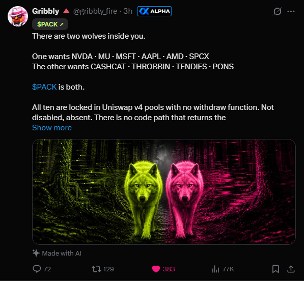 stitchdegen's tweet photo. $PACK is probably one of the most unique plays on the market right now

After actually sitting down and researching it, I realized there’s a lot more going on here than I initially thought

Quite a few people have also been DMing me asking for a deeper breakdown on $PACK and why it has been running so hard

So let’s dig into it together

+ First : the “Two Wolves” narrative

To understand $PACK, you first need to understand the narrative it’s playing into

On July 17, Vlad Tenev, CEO of Robinhood, posted :

“Why not both?”

alongside the “two wolves” image

The concept actually fits pretty well with the direction Robinhood has been moving in

One wolf represents the more serious financial side: RWA, tokenized stocks, NVDA, AAPL, MSFT,....

The other represents meme/degen culture: attention, community, speculation and retail

In simple terms :

TradFi + Degens

But instead of just taking that narrative and slapping it onto another memecoin, $PACK actually built the idea directly into the token’s structure

The founder describes it pretty simply :

“There are two wolves inside you

One wants NVDA · MU · MSFT · AAPL · AMD · SPCX

The other wants CASHCAT · THROBBIN · TENDIES · PONS

$PACK is both”

That was the first thing that caught my attention

+ Second : 10 liquidity pools

This is where $PACK starts getting very different from your average meme

Instead of launching with a normal PACK/ETH or PACK/USDC pool, $PACK has no native ETH/USD pair

Instead, it created 10 separate liquidity pools on Uniswap v4

There are :

+ 6 pools paired with tokenized stocks: NVDA, MSFT, AAPL, AMD, MU, SPCX...

+ 4 pools paired with memes: CASHCAT, THROBBIN, TENDIES, PONS...

So the “Two Wolves” concept isn’t just branding

Half of the liquidity network is connected to stocks

The other half is connected to memes

And $PACK sits right in the middle of both

This is also why if you open DexScreener and see one pair with only tens of thousands of dollars in liquidity, you shouldn’t immediately assume that represents the entire liquidity of $PACK

Its liquidity is spread across 10 different pools

+ Third : those 10 pools are permanently locked

This is another part I find pretty interesting

According to the design published by the founder :

> No owner

> No admin key

> No upgrades

> No function to withdraw liquidity

Basically, once the system was deployed, even the founder couldn’t simply pull the LP or change the mechanics

The anti-snipe rules were also hardcoded from the beginning :

> First hour : max 0.5% of supply per wallet

> Next 6 hours : max 2%

> After that: unrestricted

The founder even said :

“I can’t stop it either”

It’s basically an experiment that gets released into the wild and then left for the market to decide what happens next

+ Fourth : the flywheel is probably the part I find most interesting

$PACK has a 1% trading fee

But those fees don’t simply flow to the team

When someone buys $PACK, the fee collected in the paired token is used to buy more $PACK from the market and feed it back into liquidity

When someone sells $PACK, the fee collected in $PACK is permanently burned

So in simple terms, the more trading volume $PACK generates, the more fees the system collects. More fees mean more $PACK can be bought back/burned while liquidity gradually gets deeper. Deeper liquidity can then potentially attract more traders, more volume and more attention

So the loop is pretty easy to understand :

More trading => more fees => more $PACK buybacks/burns => deeper liquidity => potentially more volume and attention

There’s also a Harvest mechanism every 12 hours

Anyone can trigger it :

> 1% of the harvest goes to whoever triggers it

> The remaining 99% goes back into the buyback/burn mechanism

And importantly, this flywheel isn’t just theoretical anymore.

The first Harvest has already been completed

According to the team’s update :

> Around 660K $PACK was bought back

> It was fed back into liquidity

> Around 0.44% of the total supply was burned

For me, that’s a much more interesting datapoint than simply saying, “this token has a buyback mechanism”

The mechanics are already running

+ Fifth : the founder is pretty interesting too

$PACK was created by @gribbly_fire

He’s one of the co-founders of $COQ, a token that previously reached a pretty serious market cap

Obviously that doesn’t guarantee $PACK will succeed, but at least this isn’t just some completely anonymous dev who appeared today and could disappear tomorrow

I also like the way he talks about $PACK

He isn’t trying to sell it as some “revolutionary DeFi protocol” or force a bunch of fake utility onto it

Instead, he literally describes it as :

“An experiment, and volatile on purpose

60% future, 40% fuck it”

And honestly, that describes $PACK pretty well

+ Sixth : why does the chart look so weird?

There are 10 pools operating at the same time

That means you have arbitrage between different pools and much more complicated routing than a normal meme with one liquidity pair

The founder has even said that the fact it can look a little “ugly” is intentional

So I wouldn’t look at $PACK like a normal memecoin where it’s simply :

CA => liquidity pool => buy/sell

It feels more like a liquidity experiment wrapped inside a meme

And that’s exactly what makes it interesting to me

+ Now for the important part : the risks

Don’t let a good thesis make you forget that this is still an extremely new memecoin

Right now, $PACK depends heavily on two things :

attention + volume

The mechanics work beautifully while volume is high, but the reverse is also true

If people stop trading, fees decline. Lower fees mean weaker buybacks/burns, slower liquidity growth, and one of the most attractive parts of the $PACK thesis becomes much less powerful

The 10-pool structure also means liquidity is fragmented, making charting and valuation more complicated than usual

And most importantly :

$PACK is not an official Robinhood token

It’s making clever use of the “Two Wolves” narrative and the tokenized stocks/meme ecosystem, but we shouldn’t turn a narrative connection into a partnership that doesn’t currently exist

+ So how am I looking at $PACK?

If I only look at the chart, I honestly don’t like it

It has basically been UP ONLY 😂

It ran from below $1M straight into the $7–8M range and even wicked to around $9M

I have zero interest in chasing that move here

But if I ignore the chart for a second and just research the concept, I have to admit :

The $PACK narrative is pretty unique

It doesn’t simply meme the “Two Wolves” concept

It turns Two Wolves into the actual structure of the token :

6 stock pools + 4 meme pools

→ 10 permanently locked pools
→ no native ETH/USD pair
→ volume generates fees
→ fees feed buybacks/burns + liquidity
→ permissionless Harvest
→ immutable experiment

That’s basically everything that makes $PACK “different” packed into one design

So I’m not chasing it at current levels

If the market gives us a proper dip, the area I’d be interested in watching is around $4M MC

If the thesis completely fails and market cap drops below $1.5M, that would be my invalidation and I’d cut the position

So overall :

I don’t like the chart

But I genuinely like the narrative + mechanics
$PACK can obviously fail like any other experimental meme, but at least this is one of the few recent plays that actually made me sit down and research it because it’s trying something genuinely different

Now I understand why so many of you have been DM me about this one 

0x0145AcbcceFbEd6F303C420bEeaaAc72E905430b