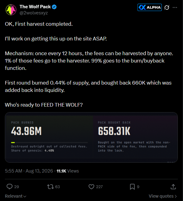 stitchdegen's tweet photo. $PACK is probably one of the most unique plays on the market right now

After actually sitting down and researching it, I realized there’s a lot more going on here than I initially thought

Quite a few people have also been DMing me asking for a deeper breakdown on $PACK and why it has been running so hard

So let’s dig into it together

+ First : the “Two Wolves” narrative

To understand $PACK, you first need to understand the narrative it’s playing into

On July 17, Vlad Tenev, CEO of Robinhood, posted :

“Why not both?”

alongside the “two wolves” image

The concept actually fits pretty well with the direction Robinhood has been moving in

One wolf represents the more serious financial side: RWA, tokenized stocks, NVDA, AAPL, MSFT,....

The other represents meme/degen culture: attention, community, speculation and retail

In simple terms :

TradFi + Degens

But instead of just taking that narrative and slapping it onto another memecoin, $PACK actually built the idea directly into the token’s structure

The founder describes it pretty simply :

“There are two wolves inside you

One wants NVDA · MU · MSFT · AAPL · AMD · SPCX

The other wants CASHCAT · THROBBIN · TENDIES · PONS

$PACK is both”

That was the first thing that caught my attention

+ Second : 10 liquidity pools

This is where $PACK starts getting very different from your average meme

Instead of launching with a normal PACK/ETH or PACK/USDC pool, $PACK has no native ETH/USD pair

Instead, it created 10 separate liquidity pools on Uniswap v4

There are :

+ 6 pools paired with tokenized stocks: NVDA, MSFT, AAPL, AMD, MU, SPCX...

+ 4 pools paired with memes: CASHCAT, THROBBIN, TENDIES, PONS...

So the “Two Wolves” concept isn’t just branding

Half of the liquidity network is connected to stocks

The other half is connected to memes

And $PACK sits right in the middle of both

This is also why if you open DexScreener and see one pair with only tens of thousands of dollars in liquidity, you shouldn’t immediately assume that represents the entire liquidity of $PACK

Its liquidity is spread across 10 different pools

+ Third : those 10 pools are permanently locked

This is another part I find pretty interesting

According to the design published by the founder :

> No owner

> No admin key

> No upgrades

> No function to withdraw liquidity

Basically, once the system was deployed, even the founder couldn’t simply pull the LP or change the mechanics

The anti-snipe rules were also hardcoded from the beginning :

> First hour : max 0.5% of supply per wallet

> Next 6 hours : max 2%

> After that: unrestricted

The founder even said :

“I can’t stop it either”

It’s basically an experiment that gets released into the wild and then left for the market to decide what happens next

+ Fourth : the flywheel is probably the part I find most interesting

$PACK has a 1% trading fee

But those fees don’t simply flow to the team

When someone buys $PACK, the fee collected in the paired token is used to buy more $PACK from the market and feed it back into liquidity

When someone sells $PACK, the fee collected in $PACK is permanently burned

So in simple terms, the more trading volume $PACK generates, the more fees the system collects. More fees mean more $PACK can be bought back/burned while liquidity gradually gets deeper. Deeper liquidity can then potentially attract more traders, more volume and more attention

So the loop is pretty easy to understand :

More trading => more fees => more $PACK buybacks/burns => deeper liquidity => potentially more volume and attention

There’s also a Harvest mechanism every 12 hours

Anyone can trigger it :

> 1% of the harvest goes to whoever triggers it

> The remaining 99% goes back into the buyback/burn mechanism

And importantly, this flywheel isn’t just theoretical anymore.

The first Harvest has already been completed

According to the team’s update :

> Around 660K $PACK was bought back

> It was fed back into liquidity

> Around 0.44% of the total supply was burned

For me, that’s a much more interesting datapoint than simply saying, “this token has a buyback mechanism”

The mechanics are already running

+ Fifth : the founder is pretty interesting too

$PACK was created by @gribbly_fire

He’s one of the co-founders of $COQ, a token that previously reached a pretty serious market cap

Obviously that doesn’t guarantee $PACK will succeed, but at least this isn’t just some completely anonymous dev who appeared today and could disappear tomorrow

I also like the way he talks about $PACK

He isn’t trying to sell it as some “revolutionary DeFi protocol” or force a bunch of fake utility onto it

Instead, he literally describes it as :

“An experiment, and volatile on purpose

60% future, 40% fuck it”

And honestly, that describes $PACK pretty well

+ Sixth : why does the chart look so weird?

There are 10 pools operating at the same time

That means you have arbitrage between different pools and much more complicated routing than a normal meme with one liquidity pair

The founder has even said that the fact it can look a little “ugly” is intentional

So I wouldn’t look at $PACK like a normal memecoin where it’s simply :

CA => liquidity pool => buy/sell

It feels more like a liquidity experiment wrapped inside a meme

And that’s exactly what makes it interesting to me

+ Now for the important part : the risks

Don’t let a good thesis make you forget that this is still an extremely new memecoin

Right now, $PACK depends heavily on two things :

attention + volume

The mechanics work beautifully while volume is high, but the reverse is also true

If people stop trading, fees decline. Lower fees mean weaker buybacks/burns, slower liquidity growth, and one of the most attractive parts of the $PACK thesis becomes much less powerful

The 10-pool structure also means liquidity is fragmented, making charting and valuation more complicated than usual

And most importantly :

$PACK is not an official Robinhood token

It’s making clever use of the “Two Wolves” narrative and the tokenized stocks/meme ecosystem, but we shouldn’t turn a narrative connection into a partnership that doesn’t currently exist

+ So how am I looking at $PACK?

If I only look at the chart, I honestly don’t like it

It has basically been UP ONLY 😂

It ran from below $1M straight into the $7–8M range and even wicked to around $9M

I have zero interest in chasing that move here

But if I ignore the chart for a second and just research the concept, I have to admit :

The $PACK narrative is pretty unique

It doesn’t simply meme the “Two Wolves” concept

It turns Two Wolves into the actual structure of the token :

6 stock pools + 4 meme pools

→ 10 permanently locked pools
→ no native ETH/USD pair
→ volume generates fees
→ fees feed buybacks/burns + liquidity
→ permissionless Harvest
→ immutable experiment

That’s basically everything that makes $PACK “different” packed into one design

So I’m not chasing it at current levels

If the market gives us a proper dip, the area I’d be interested in watching is around $4M MC

If the thesis completely fails and market cap drops below $1.5M, that would be my invalidation and I’d cut the position

So overall :

I don’t like the chart

But I genuinely like the narrative + mechanics
$PACK can obviously fail like any other experimental meme, but at least this is one of the few recent plays that actually made me sit down and research it because it’s trying something genuinely different

Now I understand why so many of you have been DM me about this one 

0x0145AcbcceFbEd6F303C420bEeaaAc72E905430b