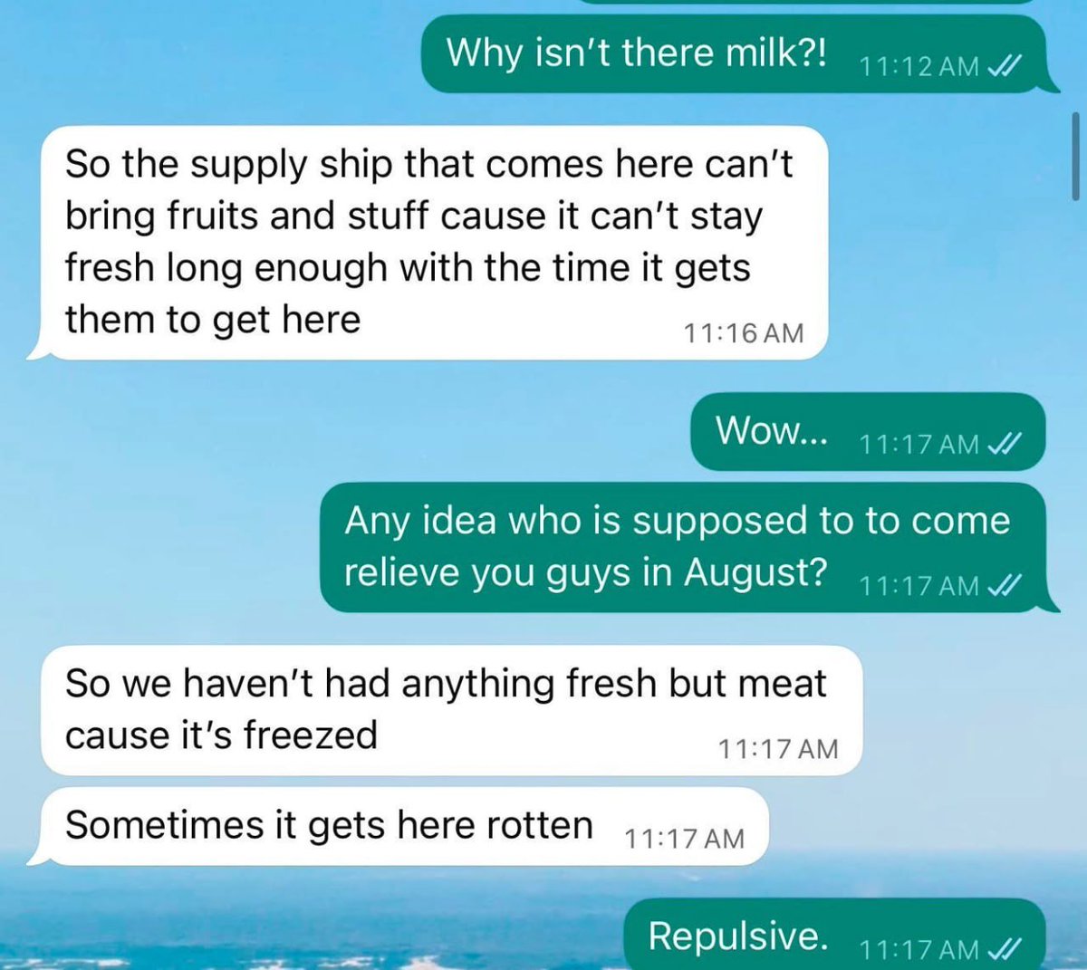 MarioNawfal's tweet photo. 🚨🇮🇷🇺🇸 Text messages from a sailor aboard the USS Abraham Lincoln reveal no milk in three months and ROTTEN food arriving at sea...

He reportedly wrote that almost nothing fresh makes it out except meat, because only frozen goods survive the supply run, and called it the worst deployment he has been on, with sailors who have far more behind them agreeing it could still get worse.

Add that to the list of grievances, and they become almost too numerous to enumerate...

No hot water for long stretches, laundry down for weeks, hour-long lines at the ship's store, one sailor eating half a cup of rice and two tortillas.

Multiple sailors have reportedly attempted to jump overboard, and one wife said her husband sits on medical hold now, terrified a 13-year career ends in a dishonorable discharge because he burned out. 

The costs that don't make the gas sign are the ones Americans are actually paying: a thousand dollars a year gone from the average household, eighteen service members killed, and interceptor stockpiles run down to nothing. 

All of it rides on the bet that Iran breaks first, which raises a question nobody in Washington wants to answer about who breaks first back home.

Source: @AaronParnas, The Guardian / Writer: Daniel
Link: https://t.co/11d54SKFFk