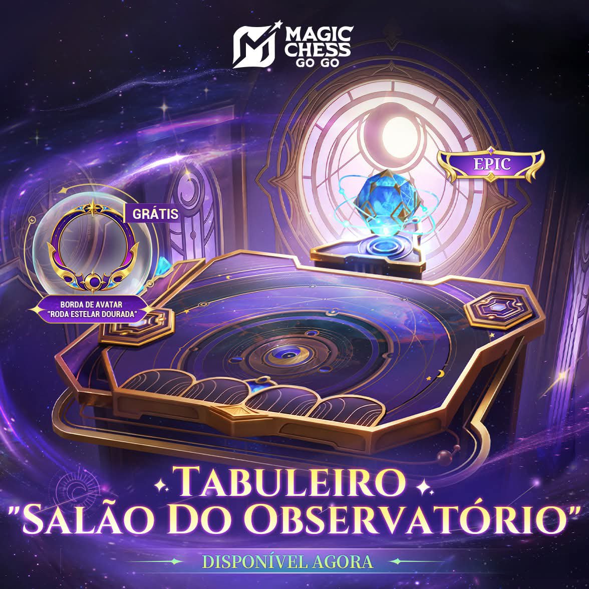 mcggbr's tweet photo. O novo Tabuleiro Épico "Salão do Observatório" já está disponível!
Entre no jogo para participar do Sorteio do Tabuleiro usando Tokens de Sorteio grátis! A Borda de Avatar temática exclusiva "Roda Estelar Dourada" também pode ser obtida!
#MagicChessGoGo
#MCGG
#MCGGSeason7 https://t.co/UZWi9H3xNL
