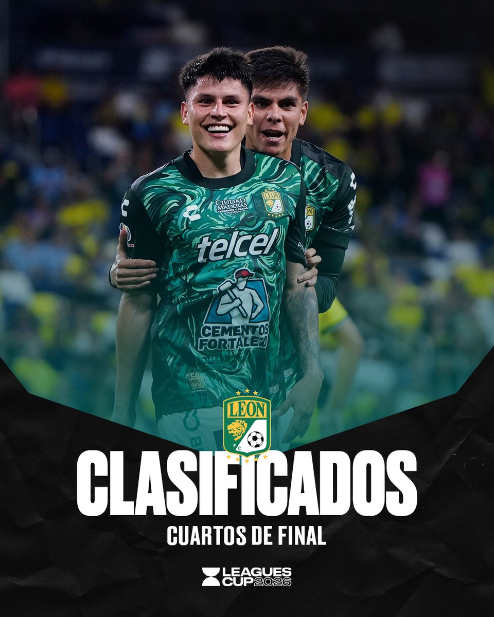 LigaBBVAMX's tweet photo. ¡La Fiera está en Cuartos de Final! 🔥🦁

@clubleonfc está entre los ocho mejores del torneo y sigue avanzando en el torneo. 🇲🇽⚽️

#LMXLC2026 #LEO ✨ @LeaguesCup https://t.co/cEzQsz19eS