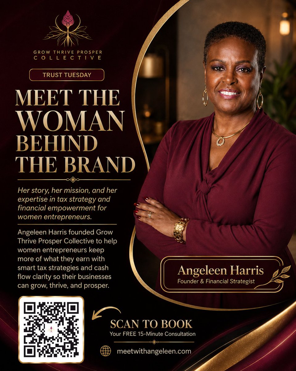 AngeleenHarris's tweet photo. Hey gurl and welcome, ๐๐พ
I'm Angeleen Harris, founder of Grow Thrive Prosper Collective.
I help women entrepreneurs keep more of what they earn with smart tax strategy + cash flow clarity, and turn it into real wealth.
Glad you're here.๐
- #AngeleenHarris of #GTPC, #TaxQueen https://t.co/gLcJQdO7U8