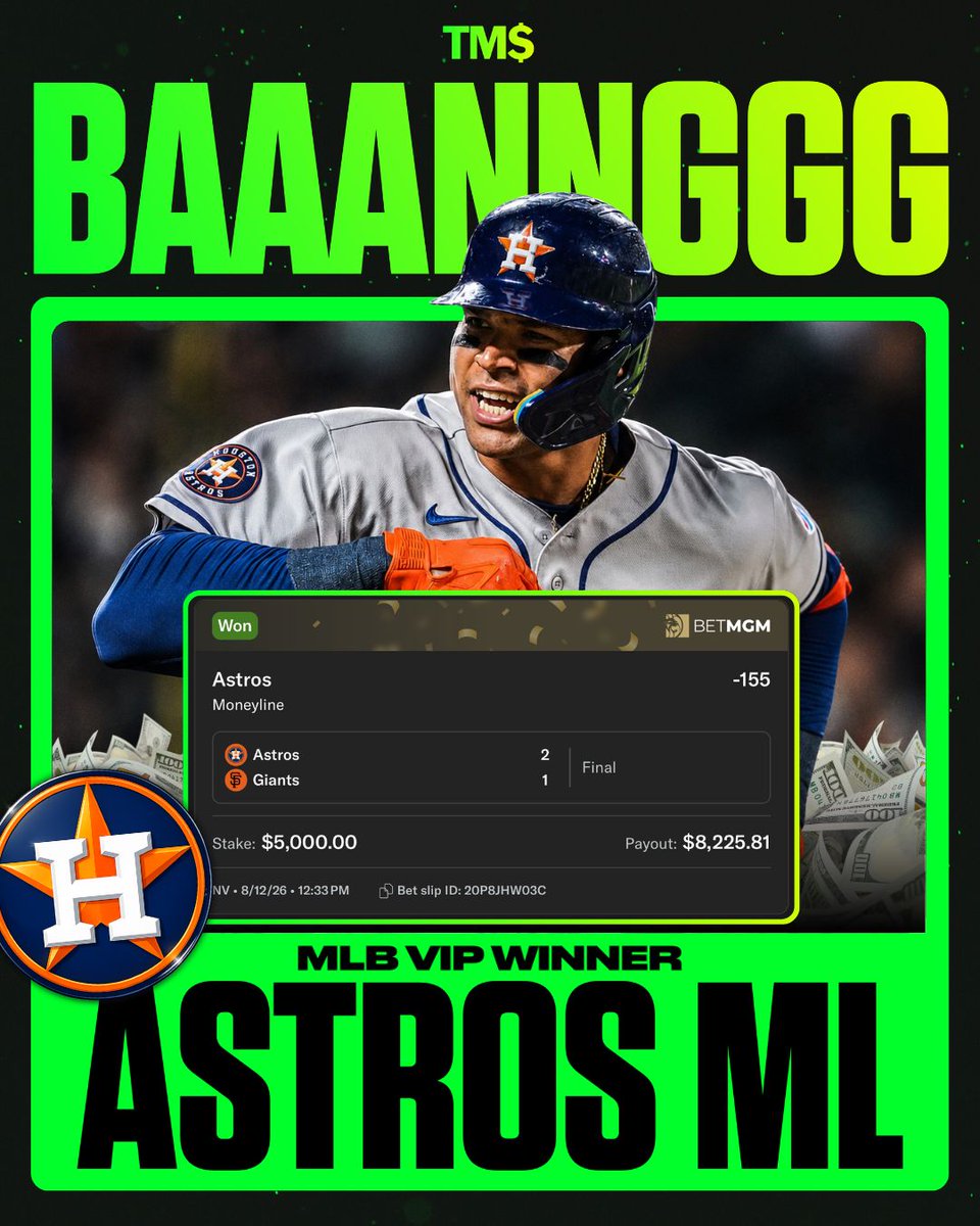 TMSDiamondPicks's tweet photo. BANG! $5,000 ASTROS ML ✅

NO FREE PLAY TODAY… 16-6 RUN 🔥

#ML @MLB #Sportbooks https://t.co/iXTf07Y9z8