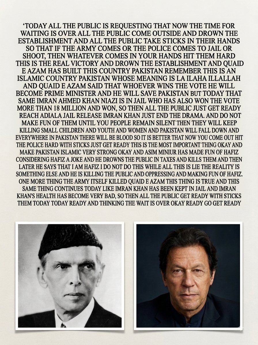 PostSilentPk's tweet photo. This image is a call for violent civil unrest in Pakistan. It combines portraits of Jinnah and Imran Khan with text urging the public to take up sticks, attack the army/police, overthrow 'the establishment,' and free the former Prime Minister from Adiala jail https://t.co/MSCsnRPYwk